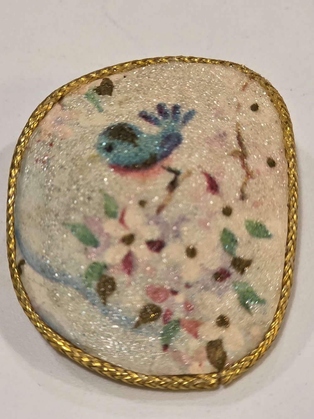 Vintage Gold-Trim Blue and Pink Bird Floral Brooch